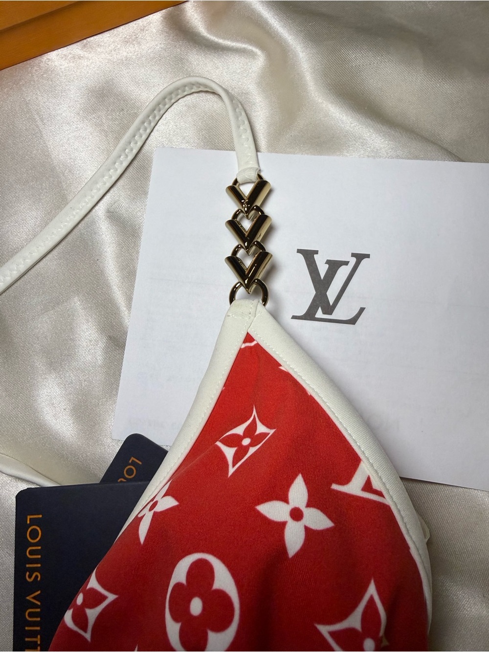 Louis Vuitton Red and White Monogram Triangle Bikini Top with Gold Accent - Picture 4 of 7